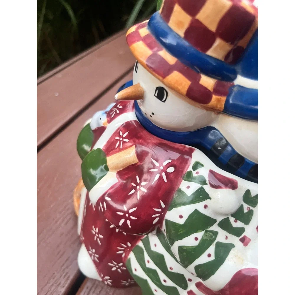 Vintage Christmas Snowman Trio Ceramic Cookie Jar Hand Painted Holiday Decor